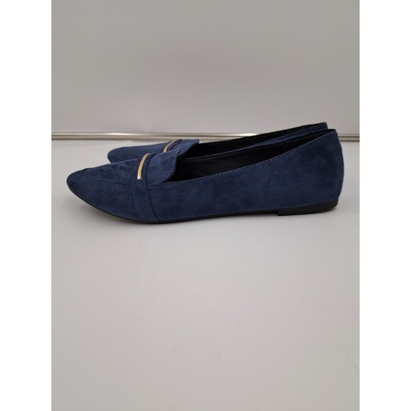 Obataom Blue faux suede flats w/ Goldtone strap decor Pointy Toe 9 - Picture 2 of 8